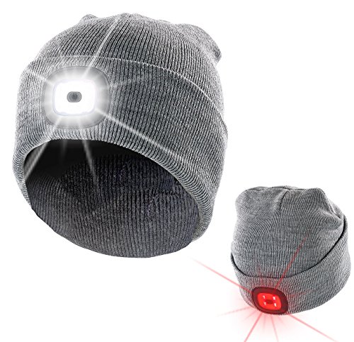 Lunartec Mütze mit Lampe: Graue Strickmütze mit weißen (vorne) & roten (hinten) LEDs (Leuchtmützen, Mütze Licht, wiederaufladbare Batterien) von Lunartec