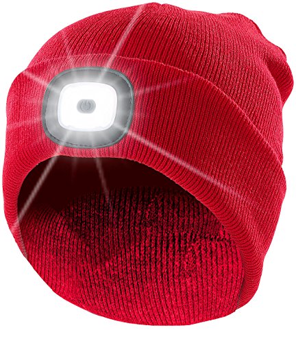 Lunartec Mütze mit Licht Aufladen: Rote Strickmütze mit weißen (vorne) & roten (hinten) LEDs (LED Mütze Aufladen, Beanie, wiederaufladbare Batterien) von Lunartec