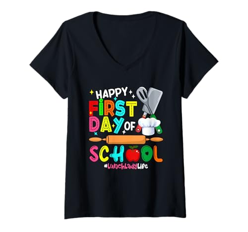 Damen Happy First Day of School Lunch Lady Back to School Colorful T-Shirt mit V-Ausschnitt Damen Happy First Day of School Lunch Lady Back to School Colorful T-Shirt mit V-Ausschnitt von Lunch Lady Back To School Costume