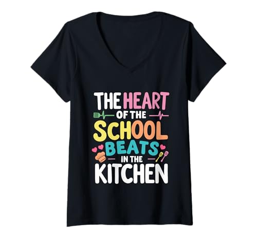 Damen Das Herz der Schule schlägt in der Küche Lunch Lady T-Shirt mit V-Ausschnitt von Lunch Lady Cafeteria Kitchen School Pride Apparel