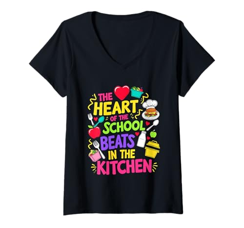 Damen Das Herz der Schule schlägt in der Küche Lunch Lady T-Shirt mit V-Ausschnitt von Lunch Lady Cafeteria Kitchen School Pride Apparel