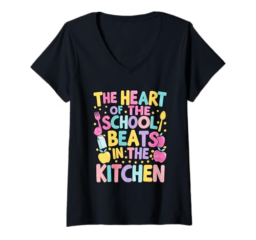 Damen Das Herz der Schule schlägt in der Küche Lunch Lady T-Shirt mit V-Ausschnitt von Lunch Lady Cafeteria Kitchen School Pride Apparel