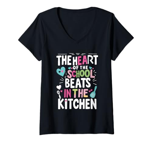 Damen Das Herz der Schule schlägt in der Küche Lunch Lady T-Shirt mit V-Ausschnitt von Lunch Lady Cafeteria Kitchen School Pride Apparel