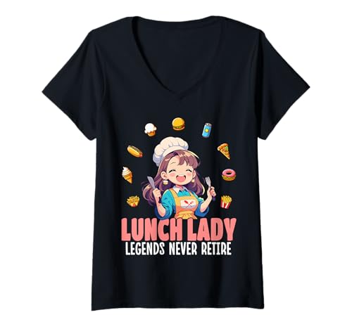 Damen Schule Food Service Worker Lunch Lady Legends Never Retire T-Shirt mit V-Ausschnitt Damen Schule Food Service Worker Lunch Lady Legends Never Retire T-Shirt mit V-Ausschnitt von Lunch Lady Food Service Worker