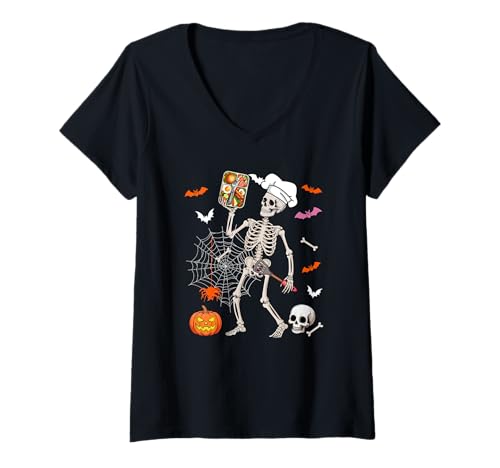 Damen Lunch Lady Job Horror Skelett Halloween Kostüm Team T-Shirt mit V-Ausschnitt Damen Lunch Lady Job Horror Skelett Halloween Kostüm Team T-Shirt mit V-Ausschnitt von Lunch Lady Halloween Costume