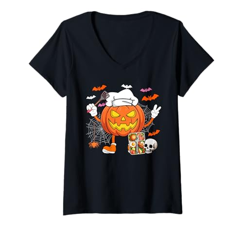 Damen Lunch Lady Job Horror geschnitzter Kürbis Halloween Kostüm Team T-Shirt mit V-Ausschnitt von Lunch Lady Halloween Costume