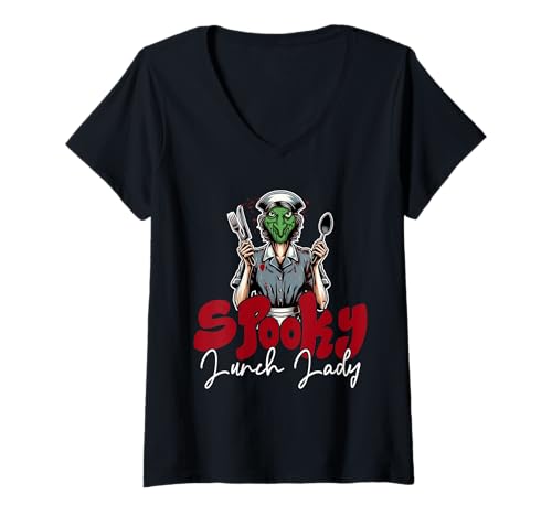 Damen Spooky Lunch Lady Halloween Costume Cosplay Horror Witch T-Shirt mit V-Ausschnitt Damen Spooky Lunch Lady Halloween Costume Cosplay Horror Witch T-Shirt mit V-Ausschnitt von Lunch Lady Halloween Costume