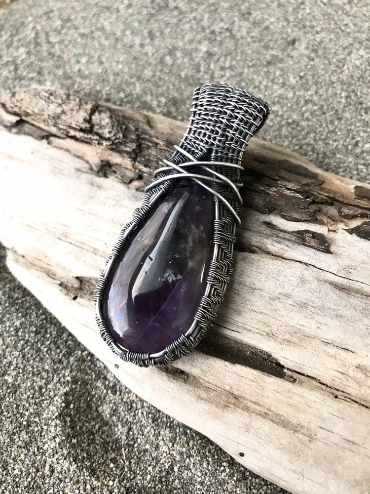Amethyst Anhänger - Antik Silber Halskette Handgemachter Drahtschmuck von LundgreenDesigns