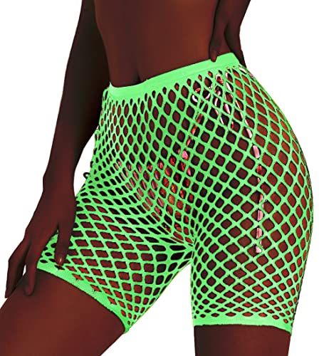 Lunedear Damen Sexy Fischnetz-Bikershorts, Schwarz, hohe Taille, Bikinihose, Cover Up Shorts, neon, Einheitsgröße von Lunedear