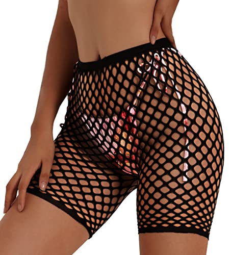 Lunedear Damen Sexy Fischnetz-Bikershorts, Schwarz, hohe Taille, Bikinihose, Cover Up Shorts, schwarz-massiv, Einheitsgröße von Lunedear