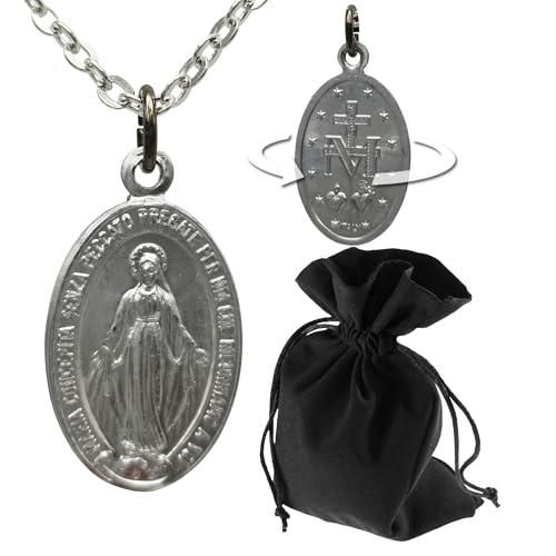 Lunexus Medaille Jungfrau Maria - gesegnet - glänzende Silberoptik mit Rückseite Kreuz M Herzen - Italienischer Marienanhänger - Edelstahlkette 60 cm - Geschenk Taufe Kommunion Muttertag von Lunexus