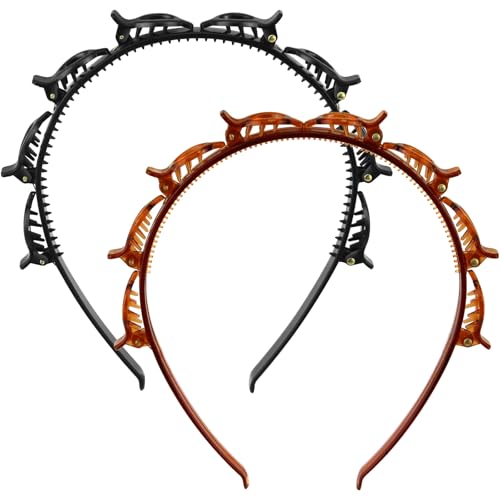 Lunhoo 2 Stück mehrschichtiger Zahnkamm Haarreifen Stirnband Doppelpony Frisur Haarnadel mit Clips Clip Stirnbänder für Frauen Mädchen (Schwarz, Braun) von Lunhoo