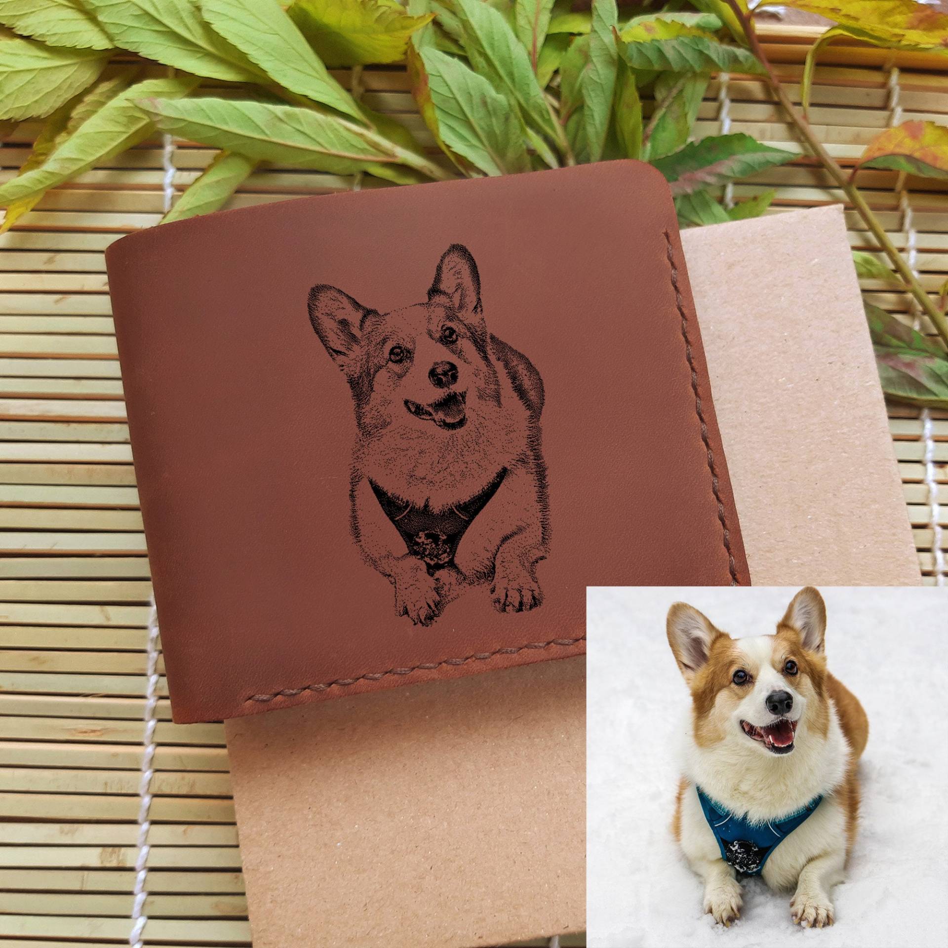 Graviertes Fotoportemonnaie. Personalisiertes Bild Braunes Leder Сustom Bifold Portemonnaie Für Männer. Einzigartige Corgis Geschenke von LunikoCrafts