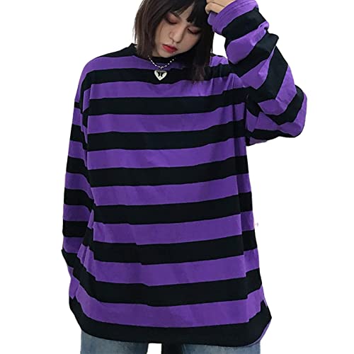 Harajuku Damen-T-Shirt, Übergröße, gestreift, lässig, lange Ärmel, Rundhalsausschnitt, T-Shirt, violett, XX-Large von Lunoakvo