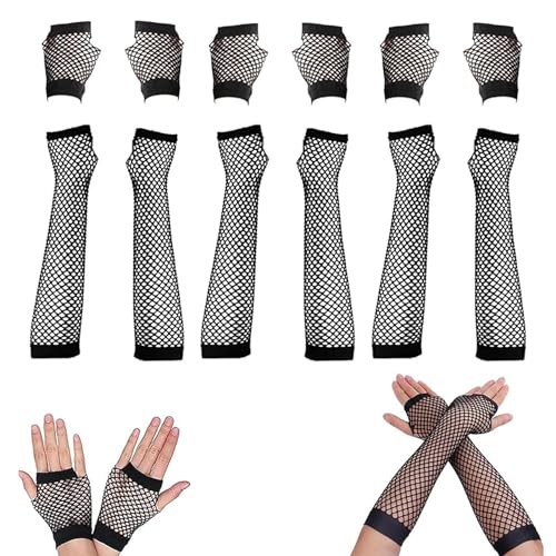 Lunyloer Fischnetz Handschuhe - 6 Paar Damen Fingerlose Lang und Kurz Netz Mesh für 80er Jahre Verkleidung Kostüm Party Lieferungen Schwarz (23×6cm, 8×6cm) von Lunyloer