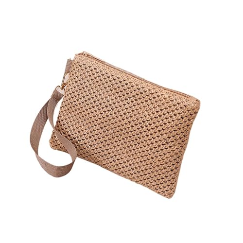 Damen Clutch Handgefertigte Damen Solide Armbandtasche Mädchen Stroh Gewebt Telefon Geldbörse Strand Brieftasche Frisch Süß für Reisen und Einkaufen(Coffee) von LuoAXINN
