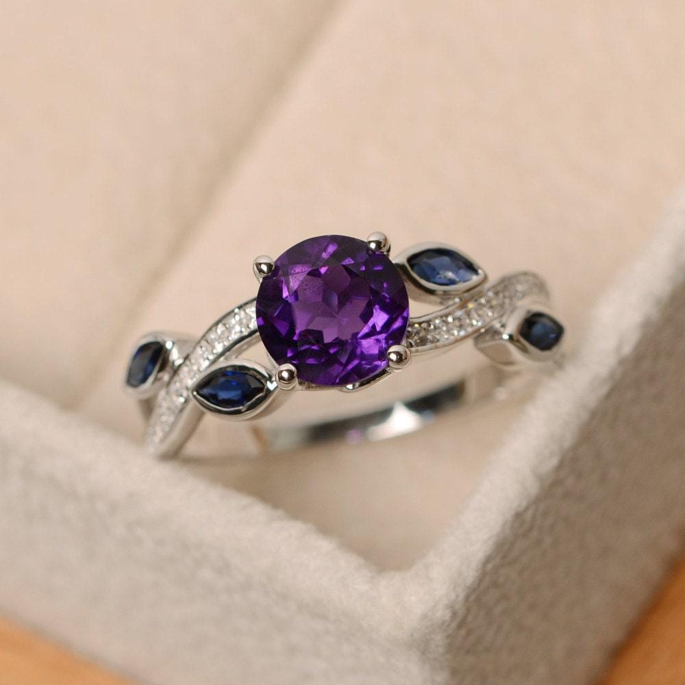 Amethyst Ring, Blattring, Multistein Sterling Silber, Lila Edelstein Verlobungsring von LuoJewelry