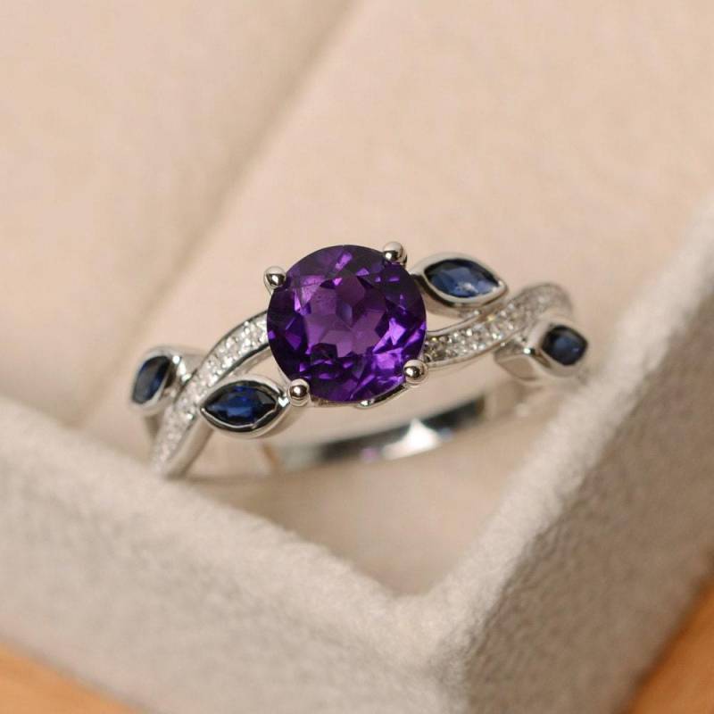 Amethyst Ring, Blattring, Multistein Sterling Silber, Lila Edelstein Verlobungsring von LuoJewelry