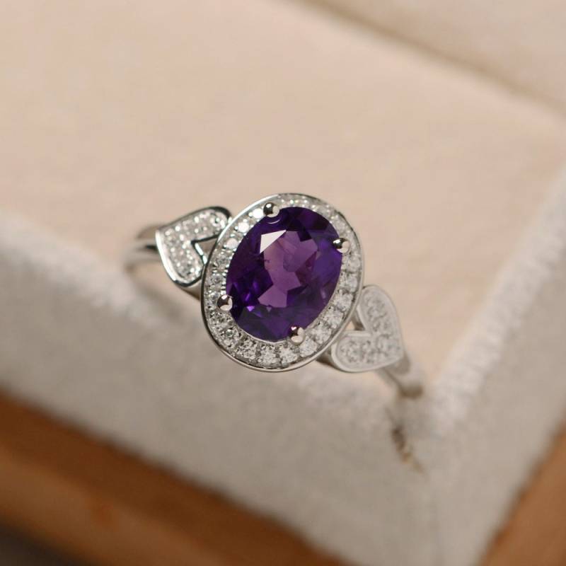 Amethyst Ring, Sterling Silber, Halo Februar Geburtsstein, Lila Ring von LuoJewelry