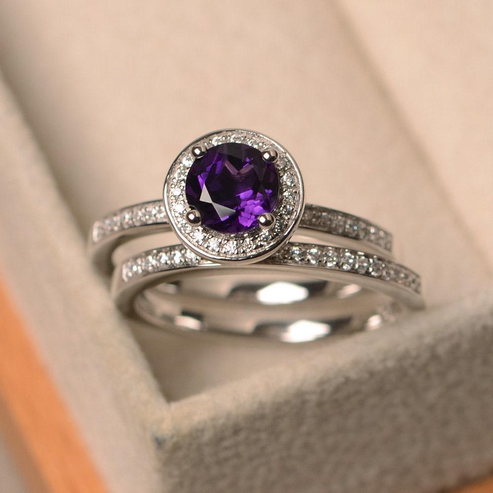 Amethyst Verlobungsring, Lila Edelstein, Februar Geburtssteinring, Sterling Silber Halo-Ring, 2 Ring-Set von LuoJewelry