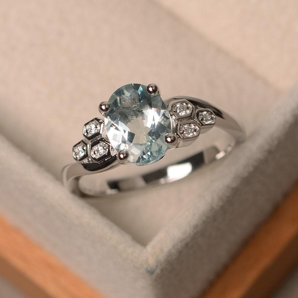 Aquamarinring, Blauer Natürlicher Edelstein, März Geburtsstein, Verlobungsring von LuoJewelry