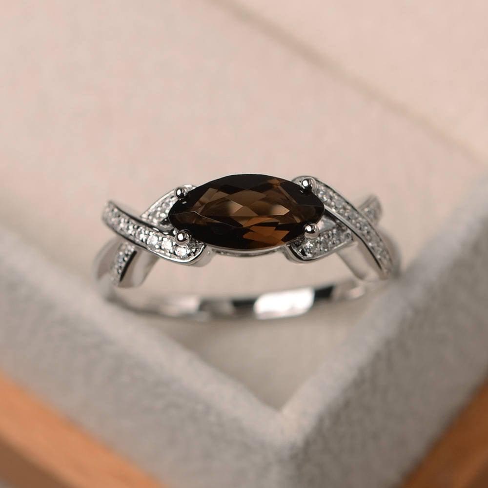 Cocktailparty-Ring, Natürlicher Rauchquarz-Ring, Brauner Edelstein Im Marquise-Schliff, Sterling Silber-Ring von LuoJewelry