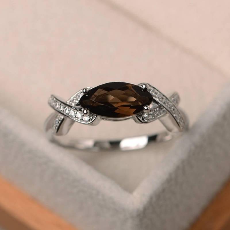 Cocktailparty-Ring, Natürlicher Rauchquarz-Ring, Brauner Edelstein Im Marquise-Schliff, Sterling Silber-Ring von LuoJewelry