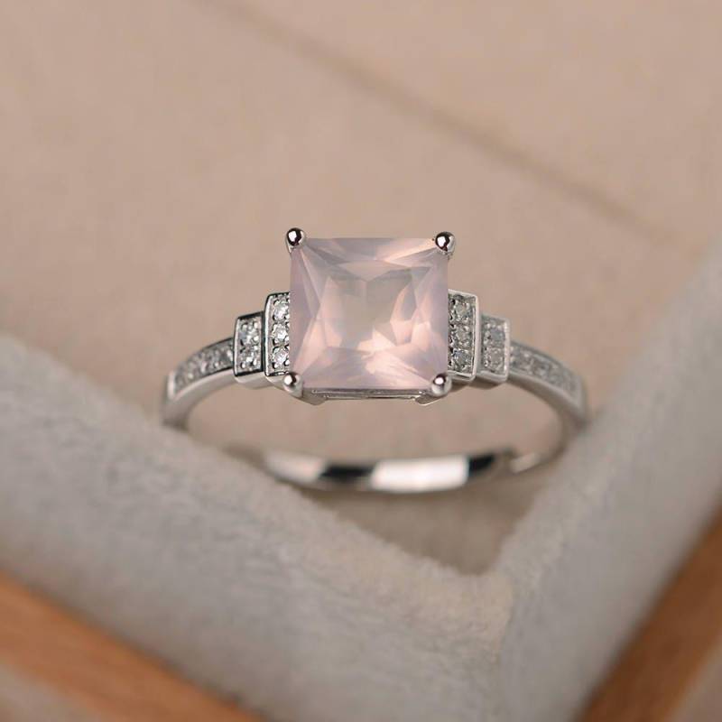 Ehering, Natürlicher Rosa Quarzring, Princess Cut Quarz, Sterling Silber, Edelstein, Brautring von LuoJewelry