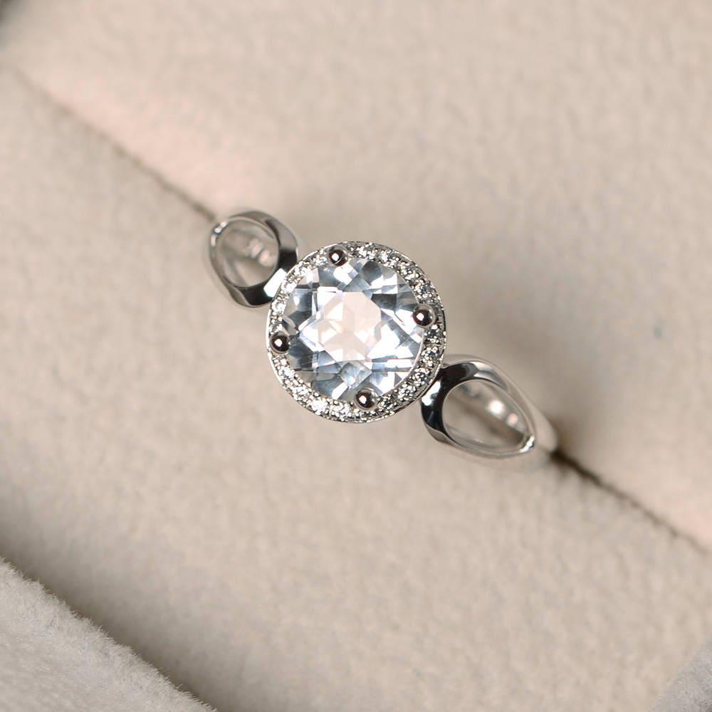 Einzigartige Trauringe, Natürliche Weiße Topasringe, Rund Geschliffene Edelsteine, Massive Silberringe von LuoJewelry