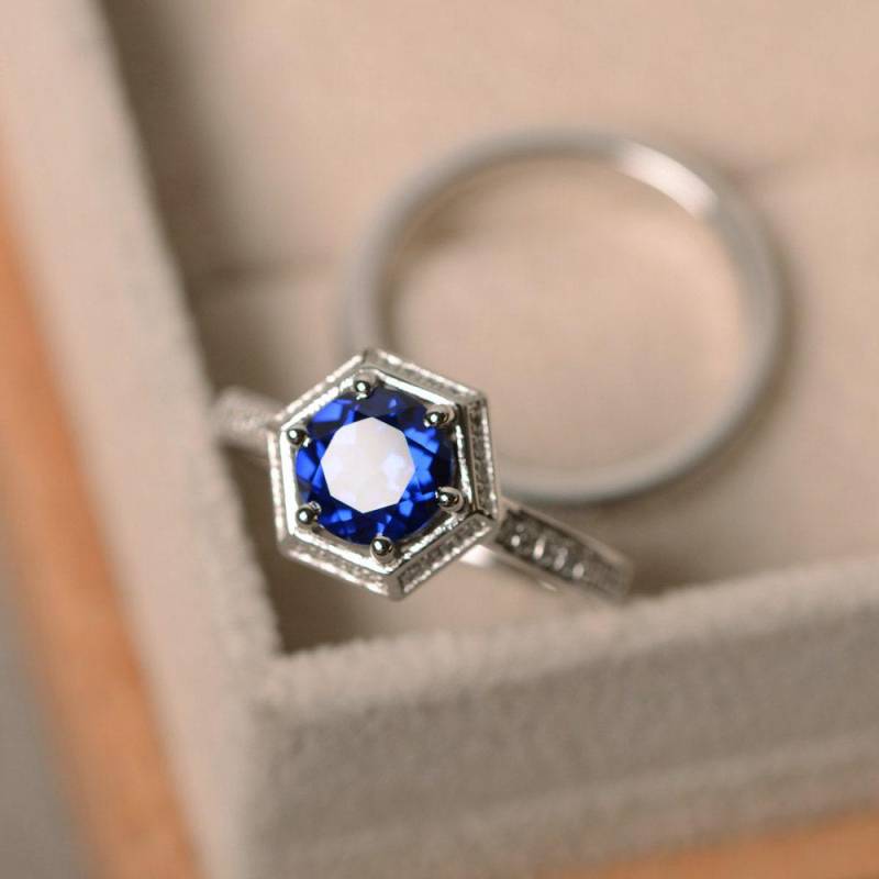 Lab Saphir Ring, Versprechen, Sterling Silber, September Geburtsstein, Verlobungsring von LuoJewelry