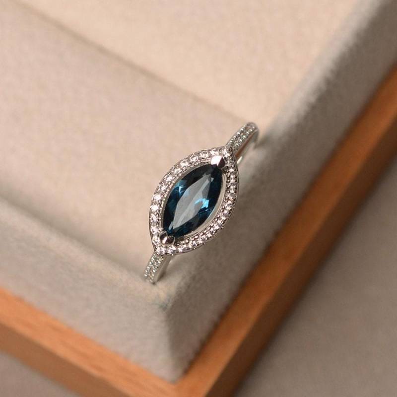 London Blauer Topas Ring, Blauer Edelstein Im Marquise Schliff, Sterling Silber Ring von LuoJewelry