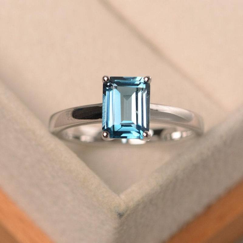 London Blauer Topas Ring, Edelstein Solitärring, 4-Zackenring, Verlobungsring Für Frauen von LuoJewelry