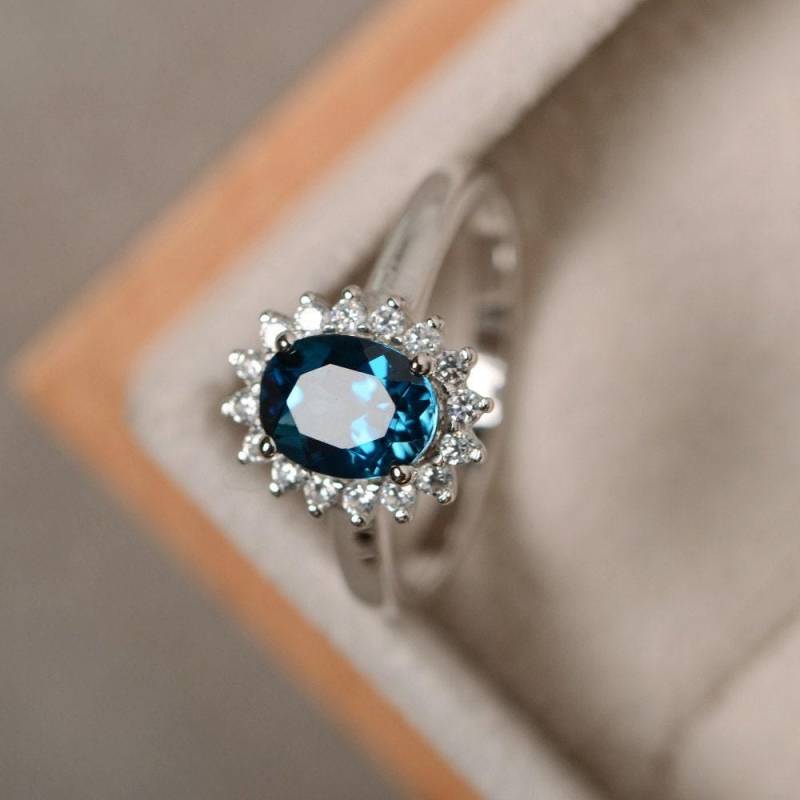 London Blautopasring, Sterlingsilber, Blauer Edelstein, Versprechensring, Verlobungsring, Ring Im Ovalschliff von LuoJewelry