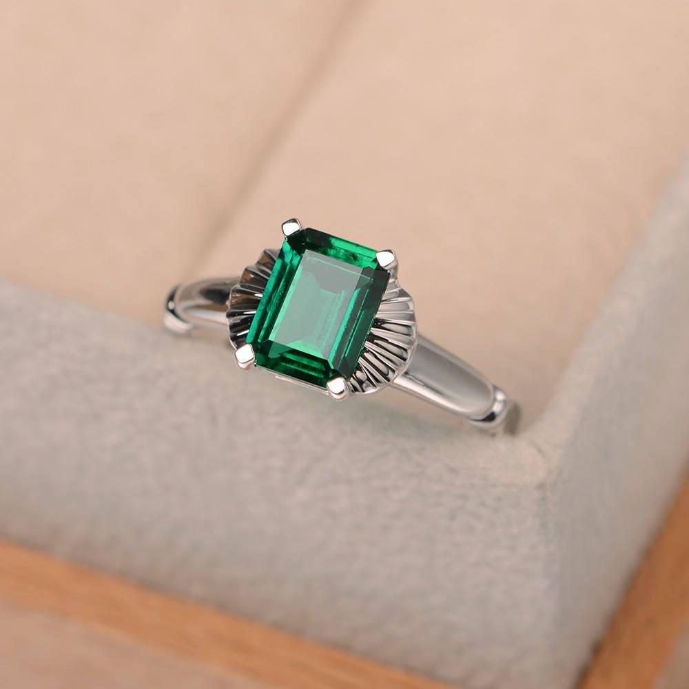 Mai Geburtsstein, Labor Smaragd Ring, Smaragdschliff, Solitärring, Jubiläumsring, Grüner Edelsteinring, Silberring von LuoJewelry