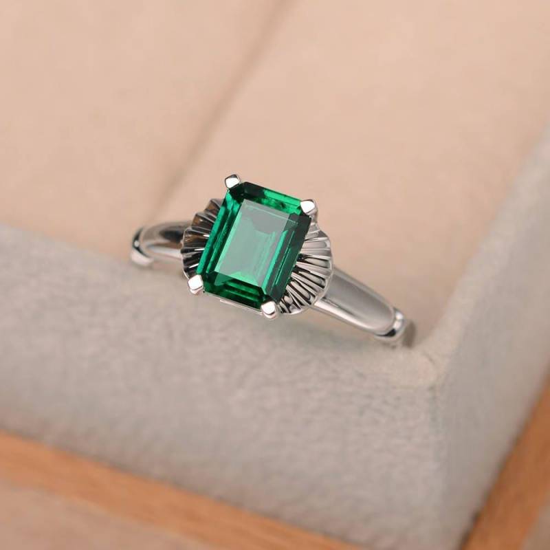 Mai Geburtsstein, Labor Smaragd Ring, Smaragdschliff, Solitärring, Jubiläumsring, Grüner Edelsteinring, Silberring von LuoJewelry