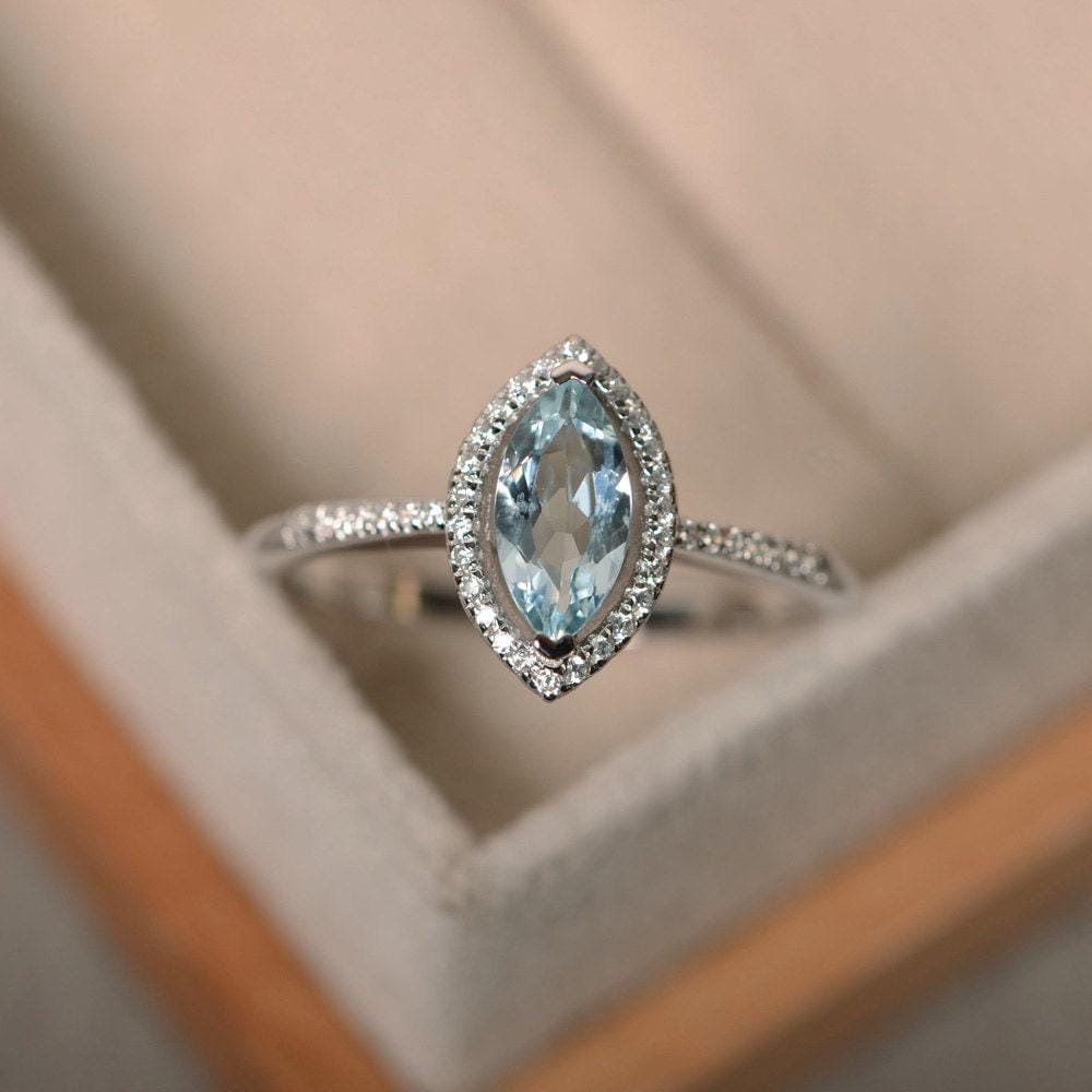 Marquise Aquamarinring, März Geburtsstein, Silber, Versprechensring von LuoJewelry