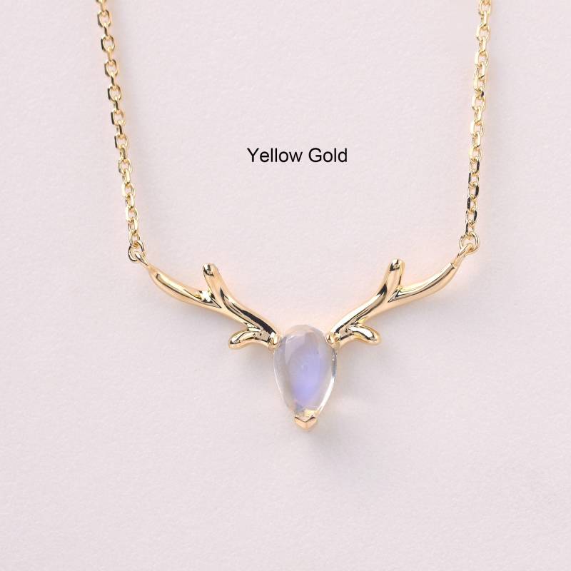Mondstein Anhänger, Tropfenform, Geweih Halskette, Weihnachtsgeschenk, Silber Kette, Reizende Halskette Für Frauen von LuoJewelry