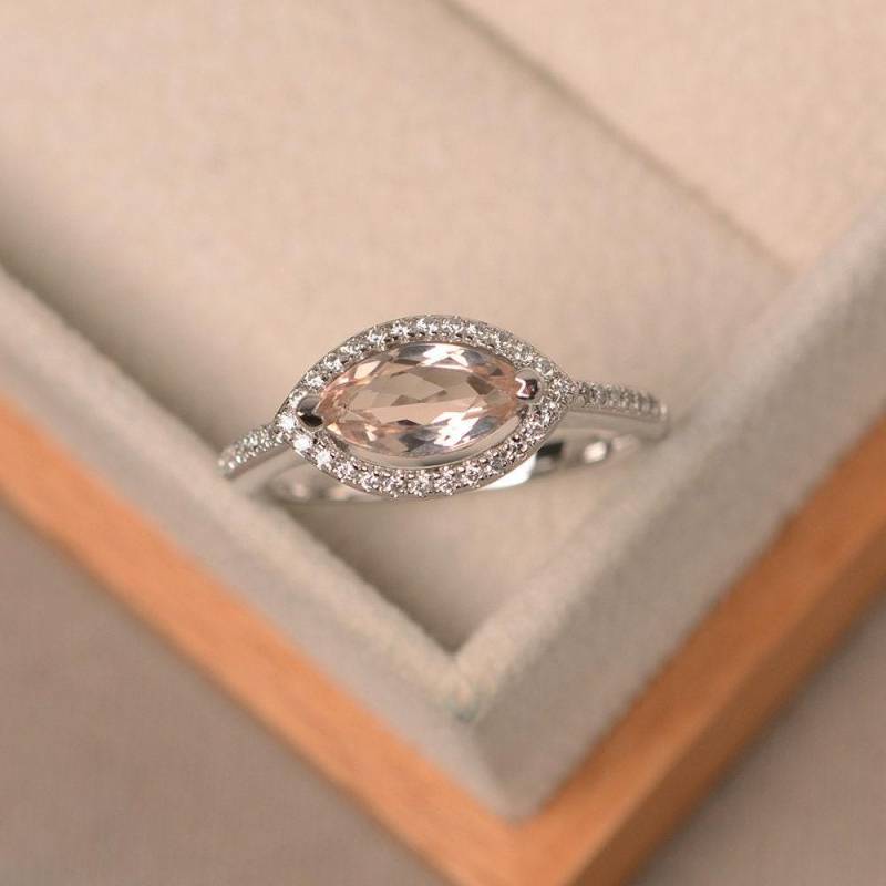 Morganit Ring Im Navetteschliff, Sterling Silber, Verlobungsring, Heiligenschein von LuoJewelry