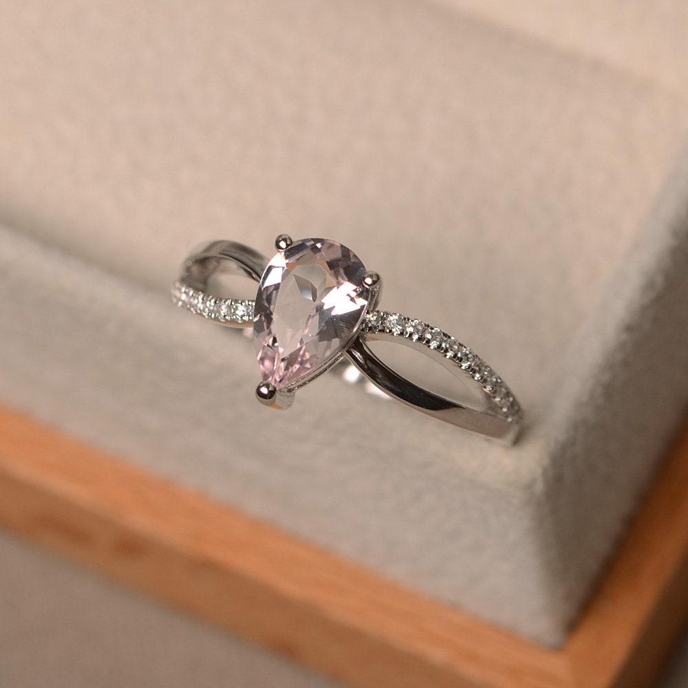 Morganit Ring Weißgold, Tropfenschliff, Verlobungsring, Personalisiert von LuoJewelry