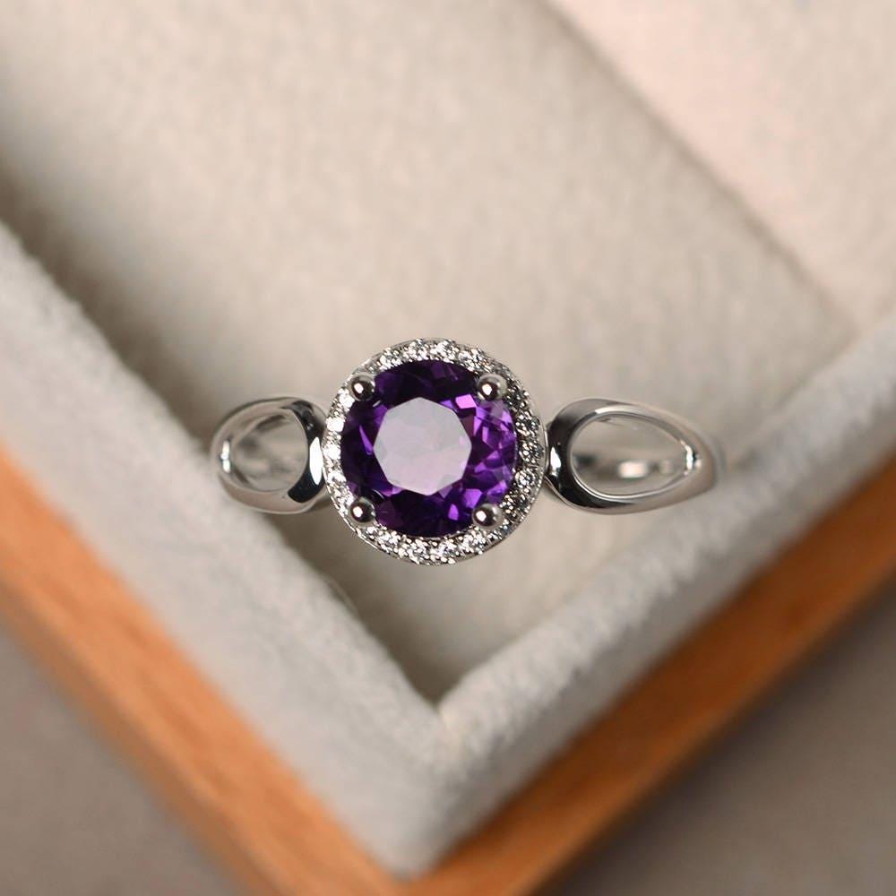 Natürliche Amethyst Silberringe, Cocktailringe, Rund Geschliffene Ringe, Massive Februar Geburtsstein, Vintage Ringe von LuoJewelry