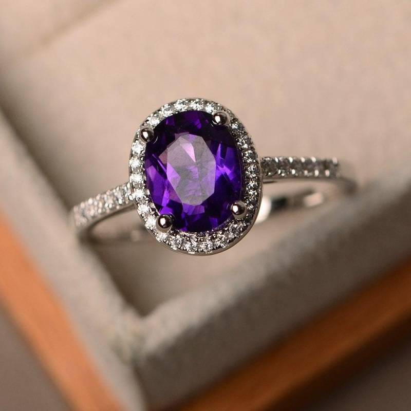 Natürliche Amethyst Silberringe, Halo Ringe, Rund Geschliffene Massive Februar Geburtsstein, Vintage Ringe von LuoJewelry
