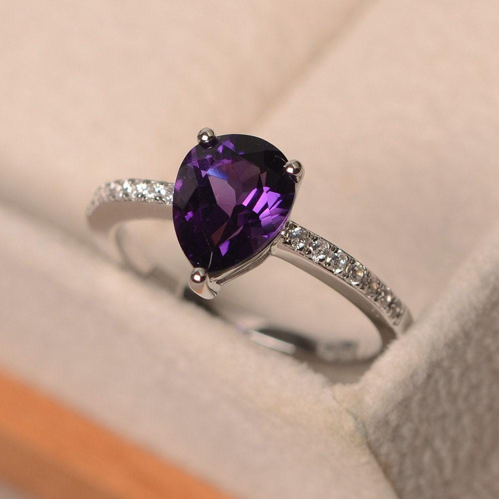 Natürlicher Amethyst Ring, Purpurroter Edelstein Im Tropfenschliff, Sterling Silber, Februar Geburtsstein, Verlobungsring Für Frauen von LuoJewelry