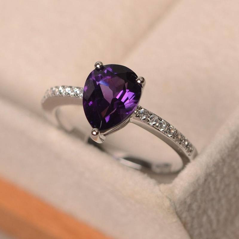 Natürlicher Amethyst Ring, Purpurroter Edelstein Im Tropfenschliff, Sterling Silber, Februar Geburtsstein, Verlobungsring Für Frauen von LuoJewelry