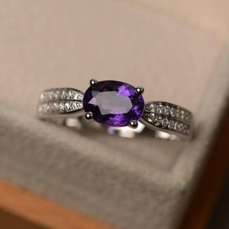 Natürlicher Amethystring, Ovaler Lila Edelsteinring, Februar Geburtssteinring, Weißgoldring, Ehering Für Frauen von LuoJewelry