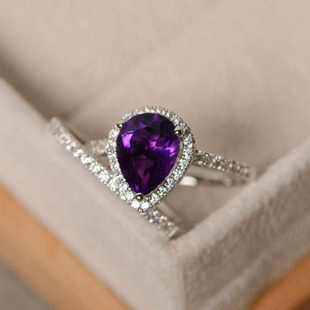 Natürlicher Amethystvorschlag Halo-Ring, Lila Edelstein, Massives Sterlingsilber, 2 Ringe Gesetzt, Februar Geburtsstein von LuoJewelry