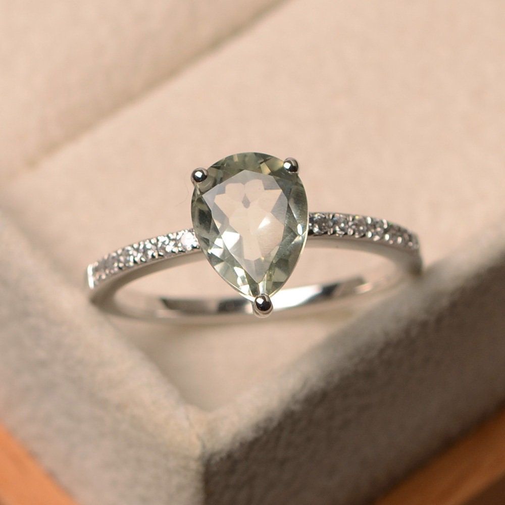 Natürlicher Grüner Amethyst Ring, Edelstein Im Birnenschliff, Sterling Silber, Verlobungsring Für Frauen von LuoJewelry