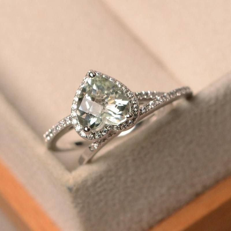 Natürlicher Grüner Amethyst Ring Mit Herz Schliff, Verlobungsring Set, Silber 925, Stapelring Natürlicher Grüner Amethyst Ring Mit Herz Schliff, Verlobungsring Set, Silber 925, Stapelring von LuoJewelry