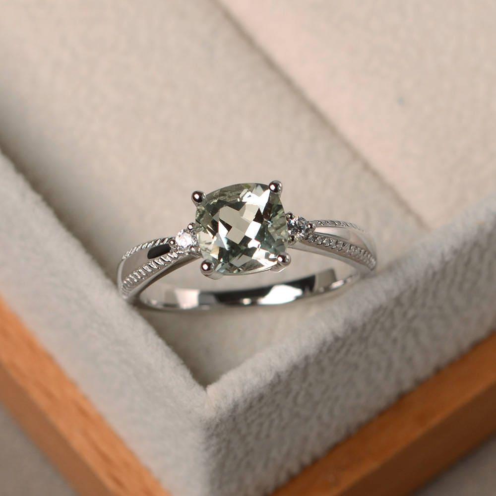 Natürlicher Grüner Amethyst Ringe, Eheringe, Edelstein Im Kissenschliff, Silberringe, Einfache Ringe von LuoJewelry