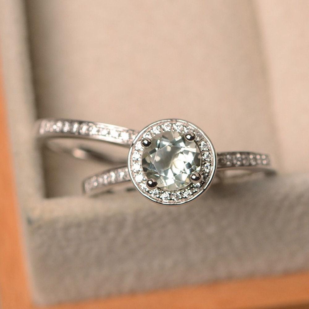 Natürlicher Grüner Amethyst Vorschlagring, Silber-Verlobungsring, Rundschliff-Heiligenring, Verlobungsring Mit Einem Band von LuoJewelry