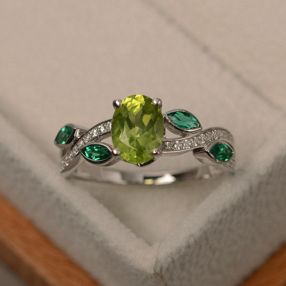 Natürlicher Peridot Ring Silber, Grüner Edelsteinring, Multisteinringe, Sterling Ovalschliff, Blattring von LuoJewelry